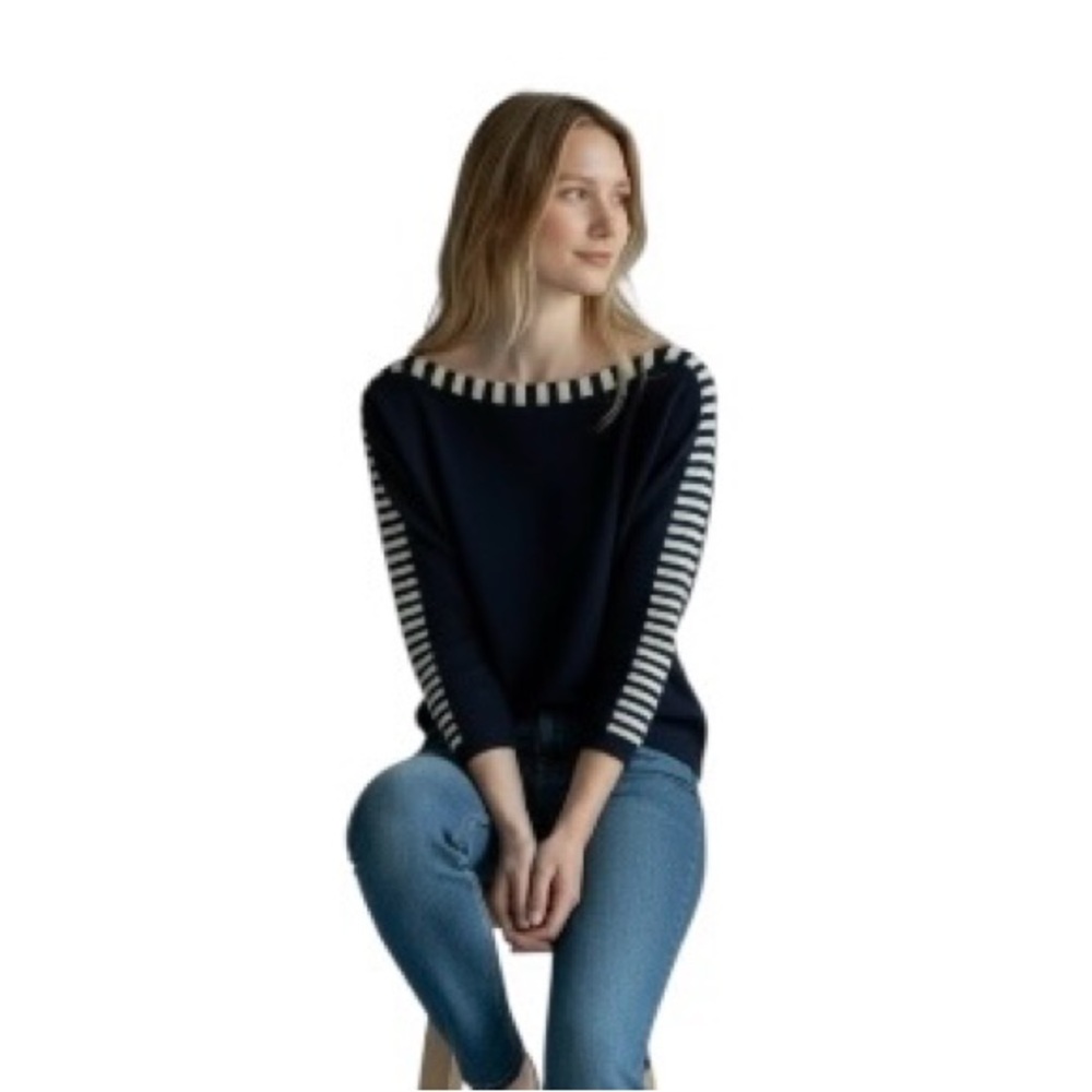 St John Navy and Cream Boatneck 3/4 Sleeve Sweater Size Medium